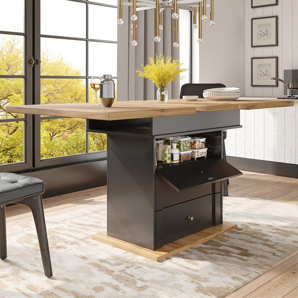 Telescopic Foldable Kitchen Table for 4-6 People with Soft-Close System, Dining Table for Kitchen, 110L x 80W x 75H cm, Black+Natural Aosom UK