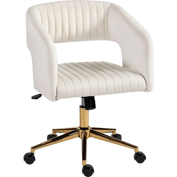 Homcom Chaise De Bureau Pivotante Avec RevêTement En Velours, Fauteuil De Bureau RéGlable En Hauteur, Fonction D'inclinaison, CrèMe-image