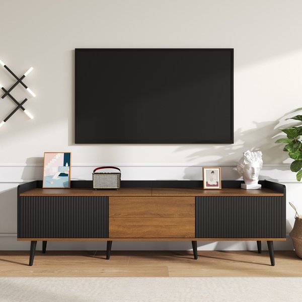 3 Doors TV Cabinet with Raised Edge and Wooden Legs, Media Cabinet Ideal for Modern Homes with Children, 160L x 39W x 49.5H cm, Black Aosom UK