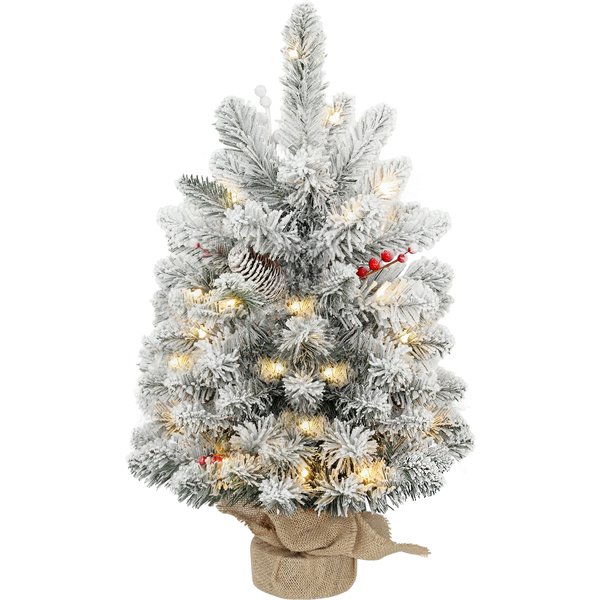 HOMCOM Mini 60 cm Artificial Christmas Tree with 35 LED Lights 72 Dense Snow-Covered Branches Ornaments and Burlap Base Green | Aosom Ireland