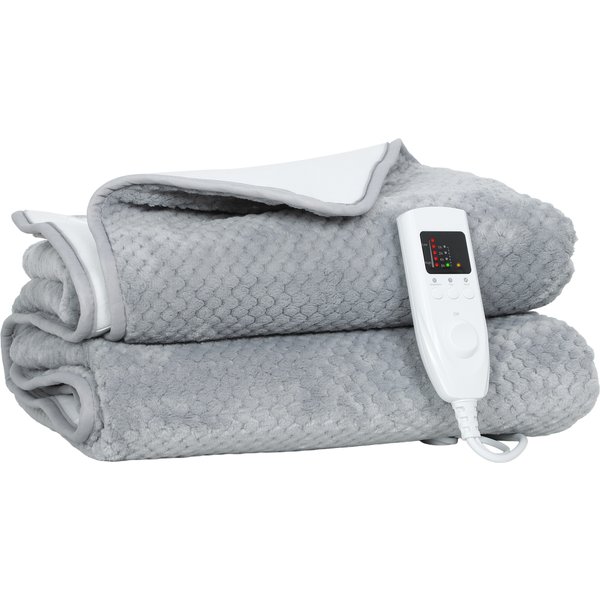 HOMCOM Elektrische Decke mit 5 Heizstufen und 2 unabhängigen Steuerzonen, Beheizbare Decke aus Fleece und Polyester, 160x140 cm, Grau Aosom