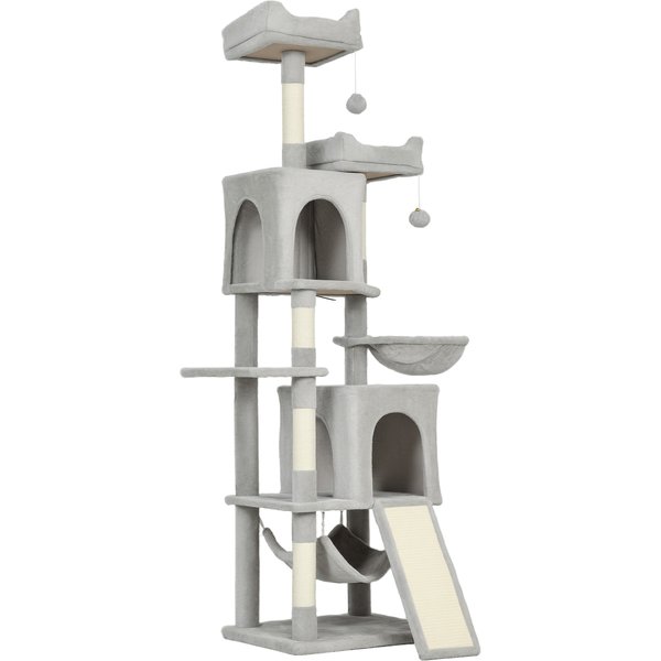 PawHut Katzenkratzbaum 177 cm – Spielturm mit 3 Ebenen, 2 Höhlen, 2 Liegeflächen, 2 Hängematten, Leiter & Sisal-Kratzstämmen, hellgrau Aosom