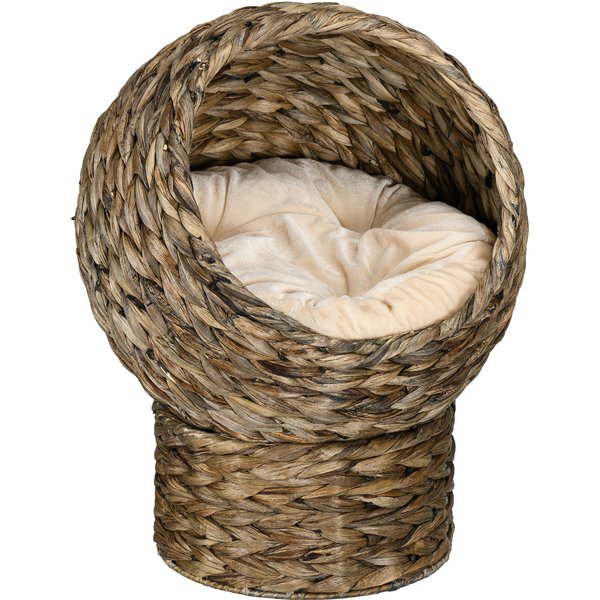 PawHut Rattan Katzenkorb kuschelige Katzenhöhle mit Kissen, Haustierbett aus Wasserhyazinthe dunkelbraun 42x33x52cm für entspannte Katzen Aosom.de