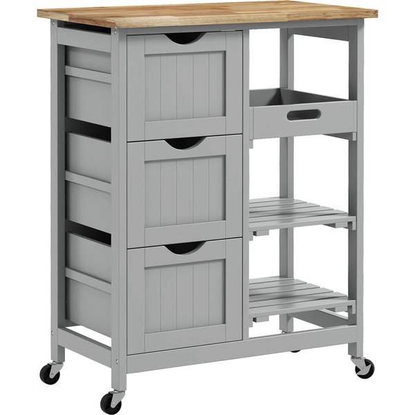 HOMCOM Küchenwagen auf Rollen mit Gummibaumholz-Arbeitsplatte, 3 Schubladen & abnehmbarem Tablett, 2 Regale, 67×37×85,5 cm, Grau Aosom