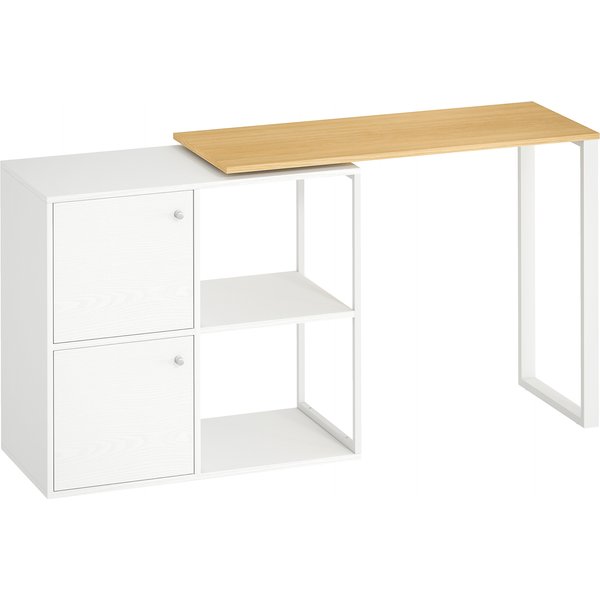 HOMCOM 360° Rotating L-Shaped Corner Desk with Storage — 2 Cabinets & 2 Open Shelves, White/Natural | Aosom Ireland