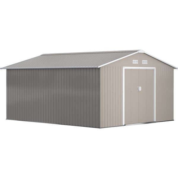 Outsunny 13 x 11ft Large Garden Shed, Mental Garden Storage Shed with Foundation Ventilation & 2 Lockable Doors, Light Grey Aosom UK