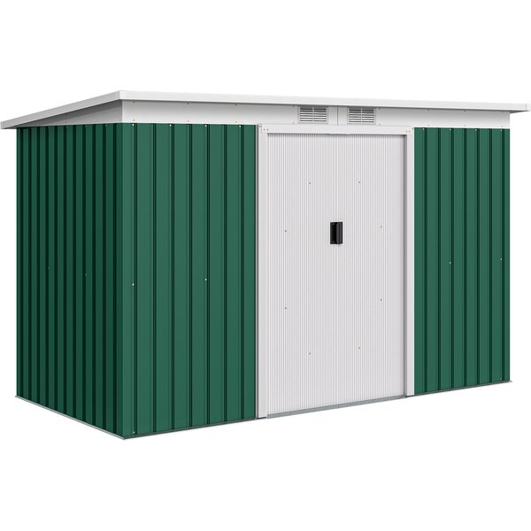 Outsunny 9ft x 4.25ft Corrugated Garden Metal Storage Shed Outdoor Equipment Tool Box with Foundation Ventilation & Doors Deep Green Aosom UK