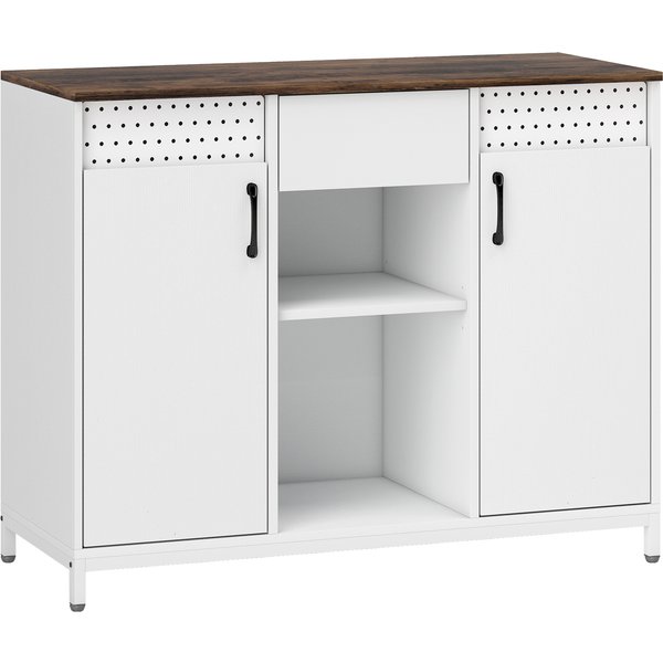 HOMCOM Sideboard mit 2 perforierten Türen, Schublade, offenen Fächern und verstellbaren Regalen, für Küche, Flur und Büro, Weiß, 100x40x80 cm Aosom