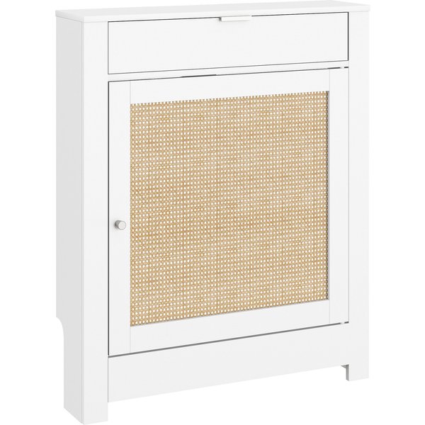 HOMCOM Heizkörperverkleidung mit Klapptür und Rattan, Heizkörperabdeckung aus MDF, 78x19x95,5 cm, Abdeckung für Heizkörper, Fach, Boho-Design, für Wohnzimmer, Schlafzimmer, Weiß Aosom
