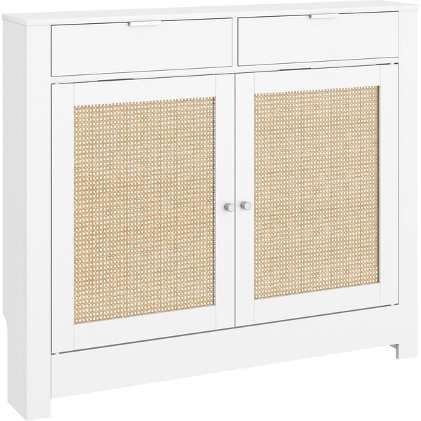 HOMCOM Heizkörperverkleidung mit Klapptüren und Rattan, Heizkörperabdeckung aus MDF, 111x19x95,5 cm, Abdeckung für Heizkörper, 2 Fächer, Boho-Design, für Wohnzimmer, Schlafzimmer, Weiß Aosom