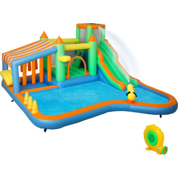 AIYAPLAY Hüpfburg mit Gebläse, Wasserrutsche, Planschbecken, Ballgrube, Kletterwand, Wurfring, Sprung, Basketballkorb, Wasserkanone, Aufblasbare Springburg für 3-8 Jahre, 416 x 370 x 195 cm Aosom