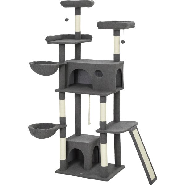 PawHut Kratzbaum mit Kratzsäule, 174 cm hoch, Teddy-Plüsch, Spielturm für Katzen, 3 Liegeplätze, 2 Höhlen, Plattformen und 3 hängende Spielzeuge, mehrstufig, grau Aosom