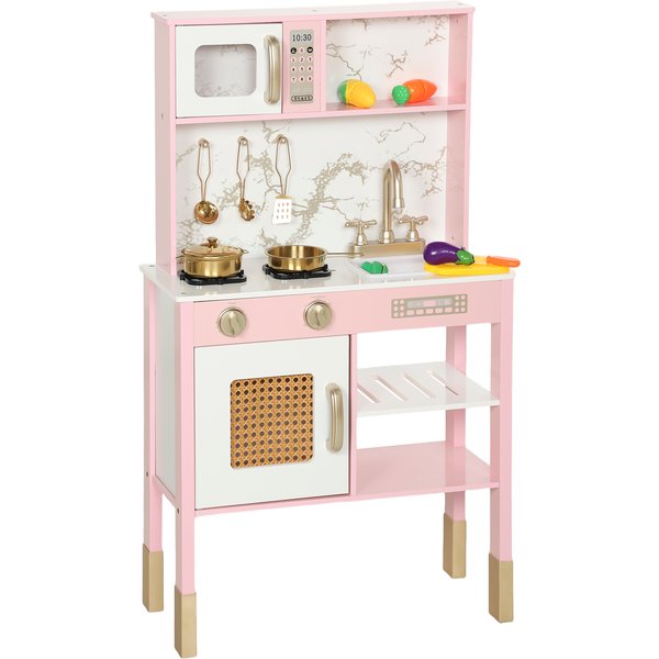 AIYAPLAY Holz-Spielküche mit Sound, Kinderküche mit Edelstahl-Accessoires, Mikrowelle, Backofen, Spüle, Gemüse zum Schneiden, für Kinder ab 3 Jahren, Rosa Aosom