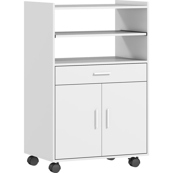 HOMCOM Microwave Cabinet, Shelf, Double-Door Cabinet, Drawer, Casters, White | Aosom Ireland