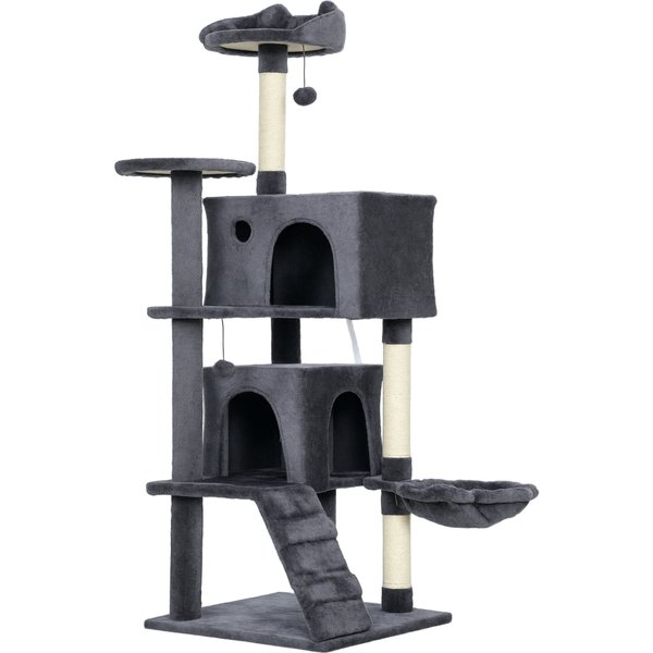 PawHut Kratzbaum 140 cm hoch, mehrstöckiger Katzenbaum mit 3 Kratzstämmen, 2 Höhlen, Schlafplatz, Hängematte, 2 Bommeln, Plattform und Leiter, Katzenturm, Plüsch, Dunkelgrau Aosom