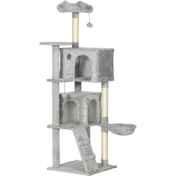 PawHut 160 cm Cat Scratching Tree with Platforms Bed 2 Caves Hammock Ladder Sisal Posts Light Gray | Aosom Ireland