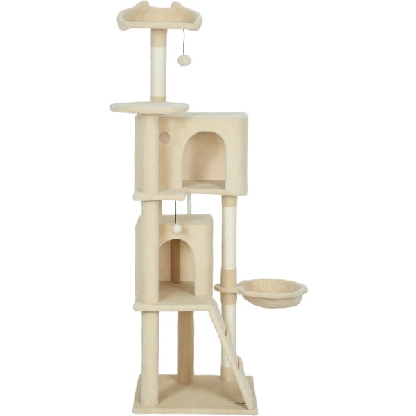 Pawhut Arbre à Griffer 160 Cm Tour Pour Chat Avec Hamac, éChelle, Niche, 2 Balles En Peluche, Troncs En Sisal, 48 X 48 X 160 Cm, Beige-image