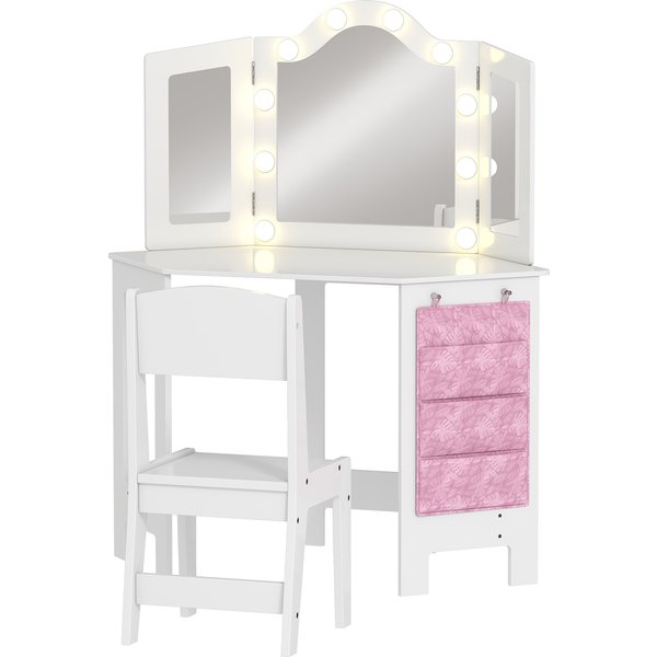 AIYAPLAY Kids Dressing Table and Stool Set, Girls Vanity Table with 2-Color LED Lights, Tri-Folding Mirror, White | Aosom Ireland