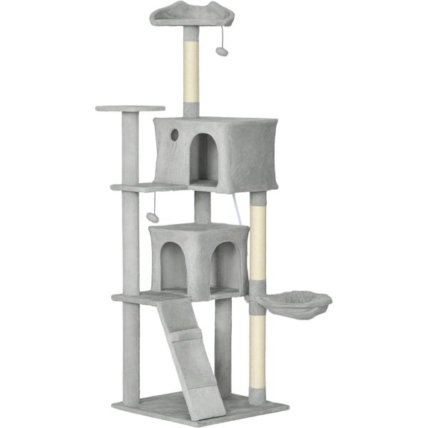 PawHut Kratzbaum Höhe 180 cm, Spielturm für Katzen, Plattformen, Höhlen, Plüschbett, Hängematte, Leiter und hängende Bälle, Sisal-Kratzstämme, mehrere Ebenen, hellgrau Aosom