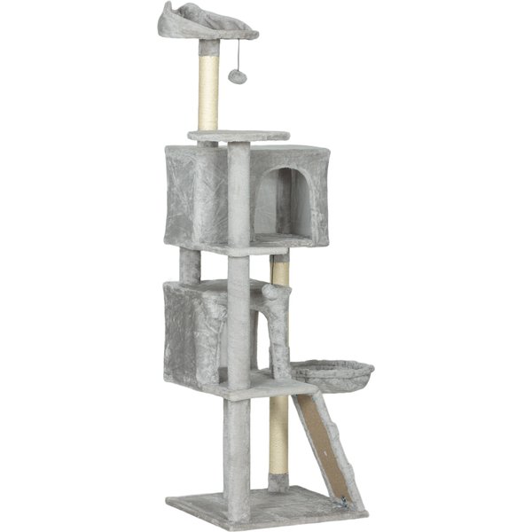 Pawhut Arbre à Chat 160 Cm Avec 2 Niches, Hamac, Couchage Et Poteaux En Sisal, Gris-image