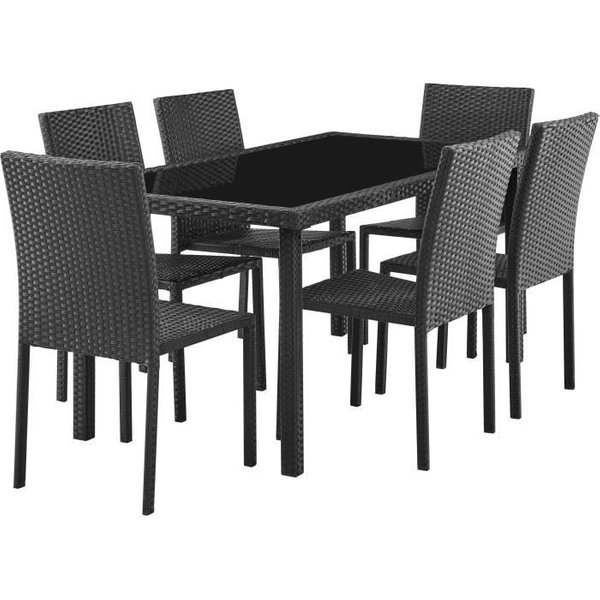 Ensemble Repas De Jardin - Plateau En Verre Trempé Et 6 Chaises En RéSine TresséE Noir - Table 160X80X73 Cm - Chaise : 44X54X88 Cm-image