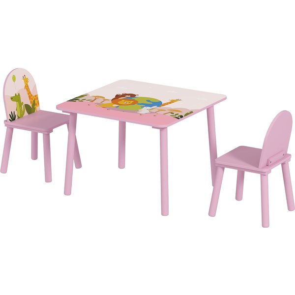 AIYAPLAY Tisch- und Stuhlset für Kinder 3–8 Jahre mit Tiermotiven und abgerundeten Kanten, Kinderstühle und -tisch aus MDF und Kiefernholz, Rosa Aosom