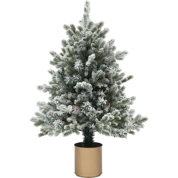 HOMCOM Christmas tree with pine cones, snow-covered, flame-retardant, stable, Ø60 x 100H cm, Green/Gold | Aosom Ireland