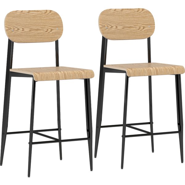 HOMCOM 2-piece set bar stools, Bar chairs with backrest and metal frame, Wood, Light brown | Aosom Ireland