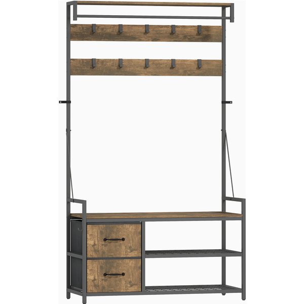 HOMCOM 6-in-1 Coat Rack with Shoe Bench and Shoe Shelf, Industrial Style, 10 Hooks, 2 Fabric Drawers, Metal, Brown | Aosom Ireland