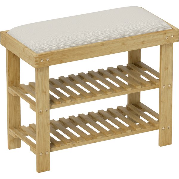 HOMCOM Shoe Bench with Seat, Bamboo Storage Bench, 2 Open Compartments, Bench 60 x 29 x 49 cm Cream White | Aosom Ireland