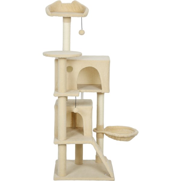 Pawhut Arbre à Griffer 140 Cm Tour Pour Chat Avec Hamac, éChelle, TanièRe, 2 Balles En Peluche, Poteaux En Sisal, 48 X 48 X 140 Cm, Beige-image