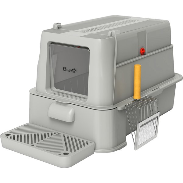 PawHut XL Katzentoilette aus Edelstahl, Katzenstreu-Box, Katzenklo mit 180° klappbarem Deckel, hohe Seiten, Fußpedal, Schaufel, geruchsneutral, leicht zu reinigen, auslaufsicher, Hellgrau Aosom