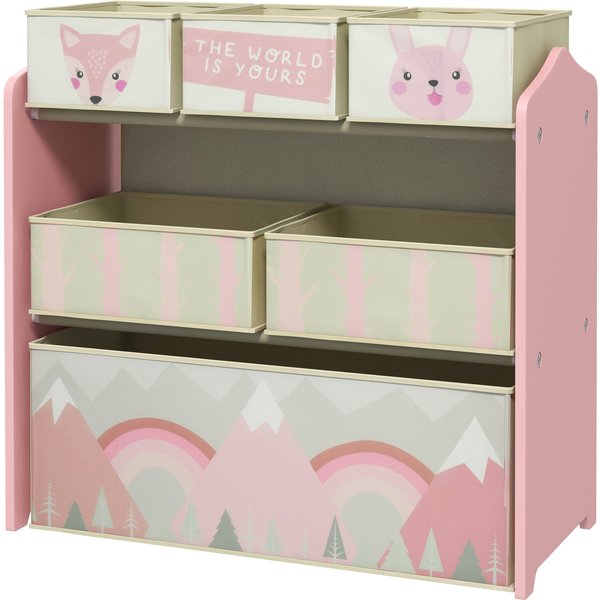 Zonekiz Meuble Pour Enfants Avec 6 Bacs En Tissu, Motif Mignon, 63X30X66 Cm, Rose-image