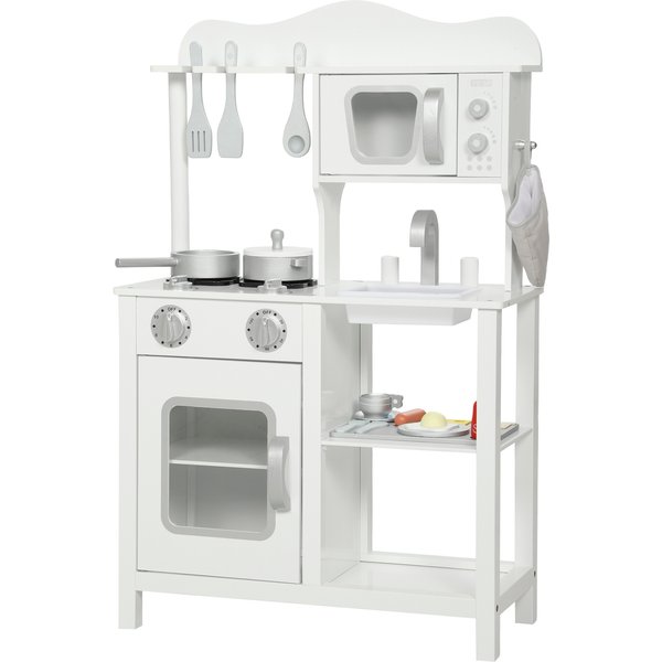 AIYAPLAY Holz-Spielküche mit Geräuschen, Kinderküche mit Zubehör, Spüle, Mikrowelle und Kochfeld, Spielzeug für Kinder ab 3 Jahren, 55x24x86 cm, Weiß Aosom