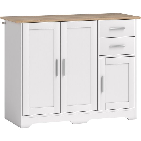 HOMCOM Küchenschrank, Küchenschrank mit 2 Schubladen und 2 Schränken, Buffetkommode mit verstellbaren Regalen, 3 Türen, moderner Stil, für Wohnzimmer, Esszimmer, 100x40x78 cm, Weiß und Holzoptik Aosom