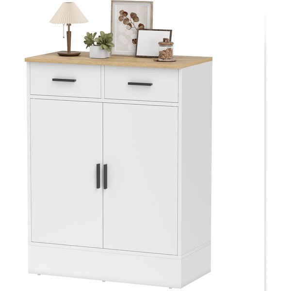 Homcom Buffet Avec Rangement, Commode à 2 Tiroirs, éTagèRe RéGlable, Pour Cuisine, Salon, Couloir, Bois Naturel, Blanc-image