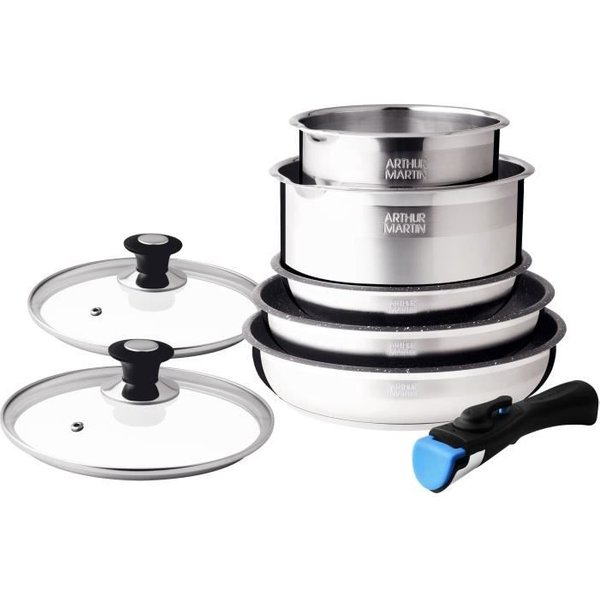 Batterie De Cuisine Arthur Martin AM2493 8 Pieces - Acier Inoxydable - PoignéE Amovible - Tous Feux Dont Induction-image