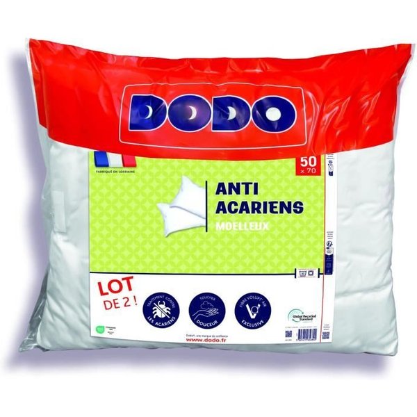 Lot De 2 Oreillers Anti-Acariens 50X70 Cm - 100% Polyester - Dodo-image