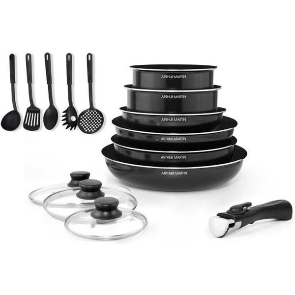 Arthur Martin Batterie De Cuisine Amovible 15 Pieces 16-20-22-24-26 Cm Noir - Tous Feux Dont Induction-image