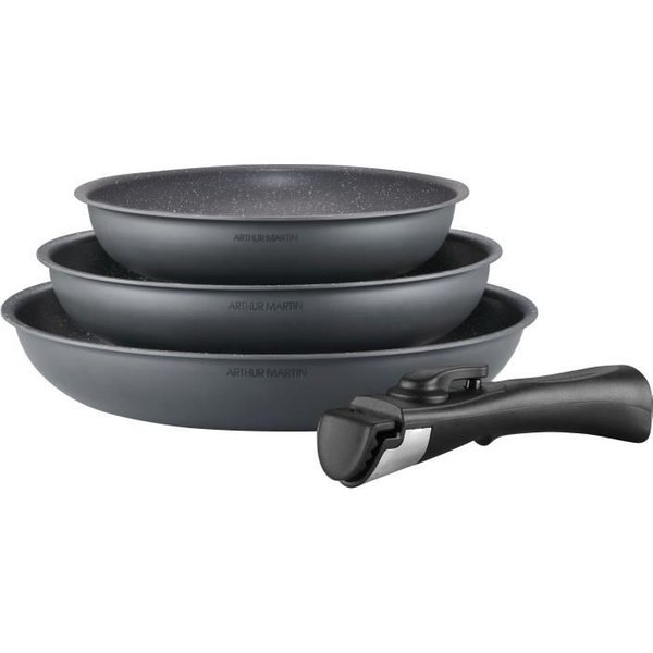 Batterie De Cuisine Arthur Martin AM521GM Set De 3 Poeles - Gris Mat 20-24-28 Cm + 1 PoignéE Amovible - Tous Feux Dont Induction-image