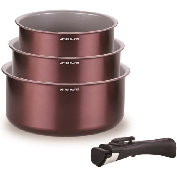 Set De 3 Casseroles - Arthur Martin - AM1088 - Tout Feux Dont Induction - 16/18/20 Cm + 1 PoignéE Amovible - Aluminium-image