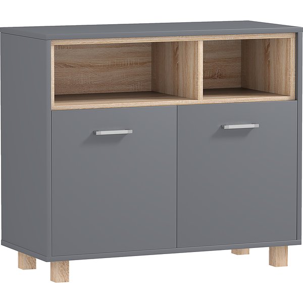 Homcom Meuble Salle De Bain Rangement, Meuble De Rangement Style Moderne Avec Compartiments Ouverts Et Portes Doubles-image