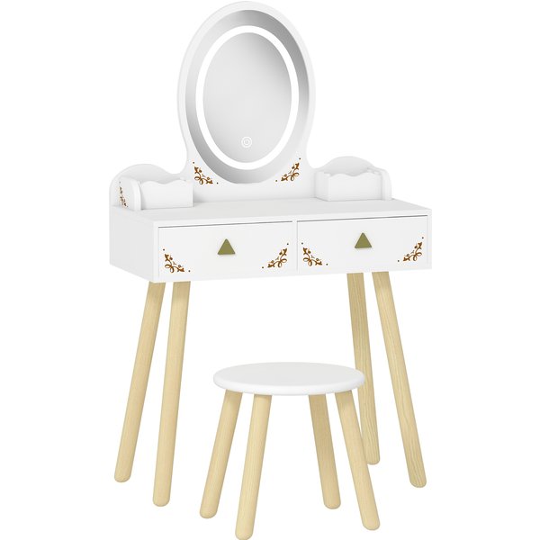 AIYAPLAY Kids 2‑in‑1 LED Vanity Desk with Stool — White, 23.6 x 11.8 x 39.1 in | Aosom Ireland