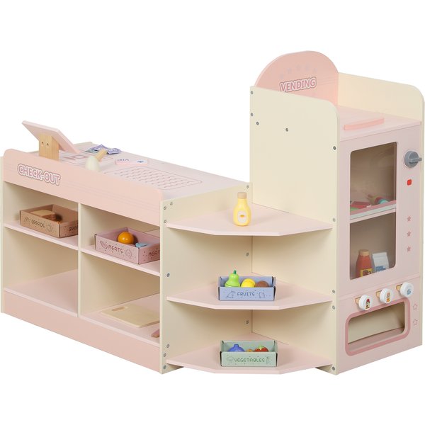 AIYAPLAY Wooden Play Supermarket with Cash Register & Vending Machine — Pink, 3 Shelves, 4 Compartments | Aosom Ireland