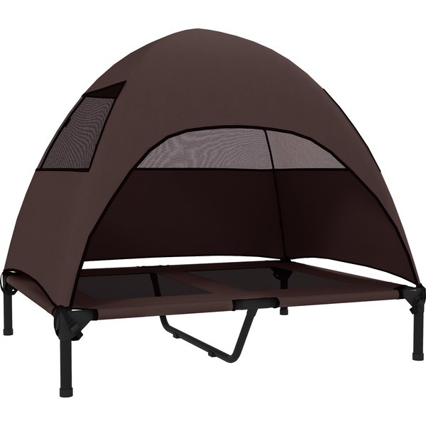 PawHut Hundeliege Outdoor mit Dach, Erhöhtes Hundebett für Große Hunde, Kühlendes Haustierliege mit Waschbares Mesh Metallrahmen Tragtasche, Haustierbett für Draußen Camping 91x76x90cm, Kaffee Aosom