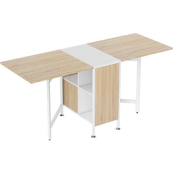 HOMCOM Foldable Dining Table Folding Workstation for Small Space with Storage Shelves Cubes Oak & White