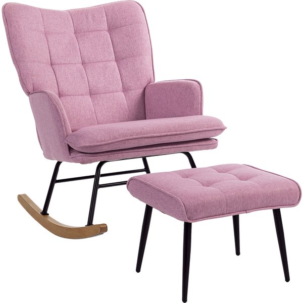 Homcom Fauteuil à Bascule Avec Repose-Pieds, Coussin Rembourré, Accoudoirs, Dossier Haut, Pieds En Bois, Charge 130 Kg, Rose-image
