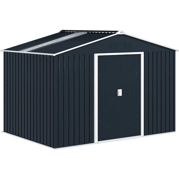 Outsunny Metal Garden Shed, Galvanised Steel Outdoor Storage Shed with Sliding Doors Vents 9x6ft Dark Grey | Aosom Ireland