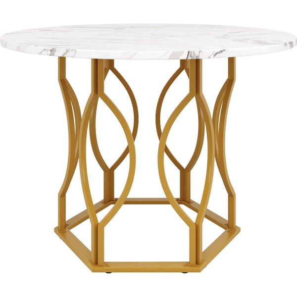 Table Ronde Pour 4 Personnes, Plateau En Mdf Et Pieds En MéTal, 100X100X76 Cm, Blanc+Or-image