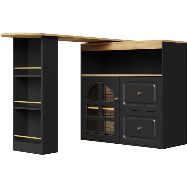 360° drehbarer Sideboardschrank, mit 2 Schubladen, Snackregal, Bogenglas, 138-204x39x104 cm, Schwarz